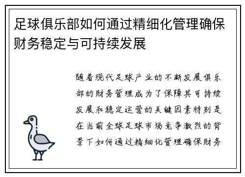 足球俱乐部如何通过精细化管理确保财务稳定与可持续发展