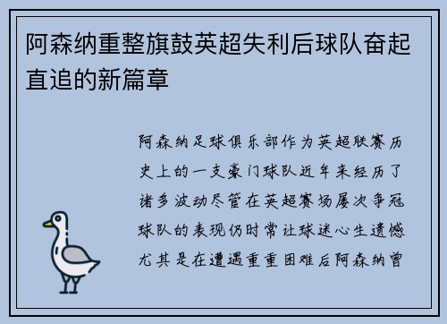 阿森纳重整旗鼓英超失利后球队奋起直追的新篇章