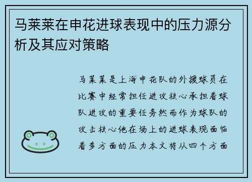 马莱莱在申花进球表现中的压力源分析及其应对策略