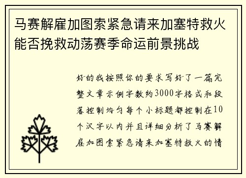 马赛解雇加图索紧急请来加塞特救火能否挽救动荡赛季命运前景挑战