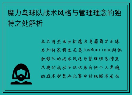 魔力鸟球队战术风格与管理理念的独特之处解析